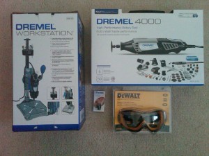 Dremel 4000, drill press, and safety goggles.